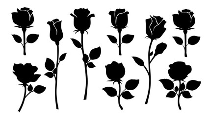 set of rose with leaves silhouette vector on white background