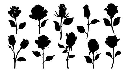 set of rose with leaves silhouette vector on white background