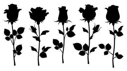 set of rose with leaves silhouette vector on white background