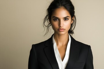Indian businesswoman in her youth wearing formal attire stands with arms crossed in front of a beige backdrop symbolizing a corporate idea