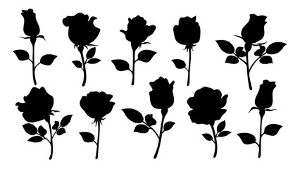 set of rose with leaves silhouette vector on white background
