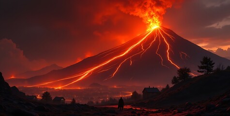 Volcanic eruption with lava pouring down the mountainside, villagers evacuating, hyper realistic scene
