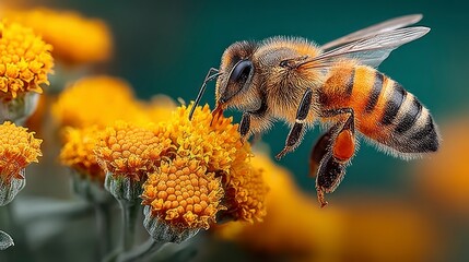 Honeybee Collecting Pollen From Yellow Flower in Garden