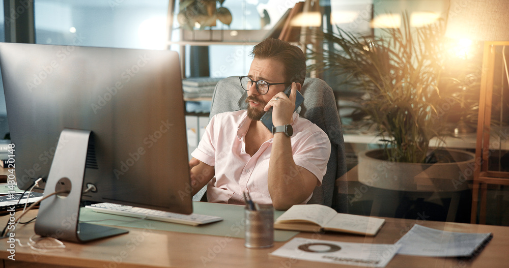 Aufkleber Phone call, computer and man in office talking for virtual meeting, online discussion and communication. Creative business, web designer and person on smartphone for conversation, chat and networking