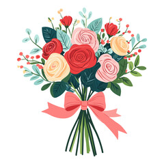 Red rose flower bouquet wrapping with tiny ribbon flowers roses art vector