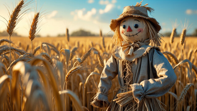 A lone, worn, and weathered scarecrow stands vigilant in a sprawling, sun kissed field of tall, golden wheat with a sense of steadfast protection, evoking a profound sense of trust 