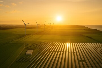 Golden Sunset and Green Energy: A breathtaking view of a sustainable future with solar panels and wind turbines, embodying innovation and progress under a warm sunset.