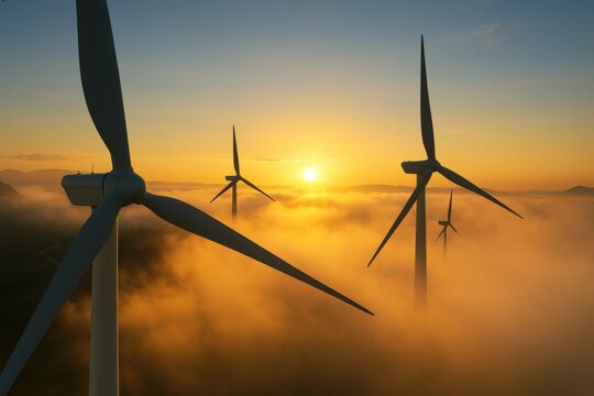 Wind Turbines at Sunset: The silhouettes of wind turbines, the embodiment of sustainable energy, stand majestically against a sunset sky.