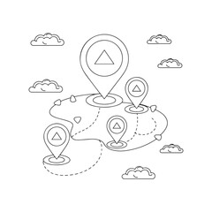 Black Line Art Vector Map Pins with Triangle Symbols and Dotted Routes.