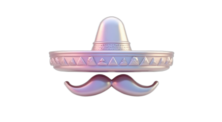 Iridescent sombrero and mustache icon isolated on transparent background. 3D render for Cinco de Mayo, Mexican culture themes, party decorations, graphic design projects.