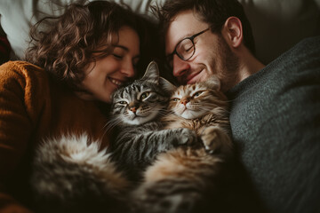 Naklejka na ściany i meble Couple relaxes on couch with two cats enjoying cozy moments together at home in the evening