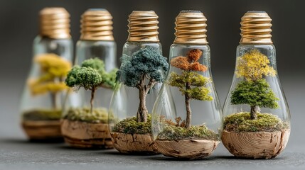 Trees in Light Bulbs Arranged in a Row, Creative Idea