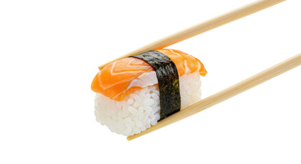 Isolated Salmon Sushi Nigiri held by Wooden Chopsticks
