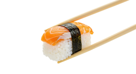Isolated Salmon Sushi Nigiri held by Wooden Chopsticks