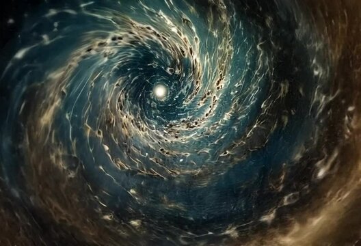 Swirling vortex of water with light at the center, surrounded by shimmering aquatic life