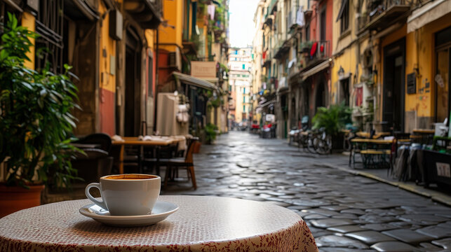 Fototapeta Cup of fresh hot coffee in an outdoor cafe in Italian city