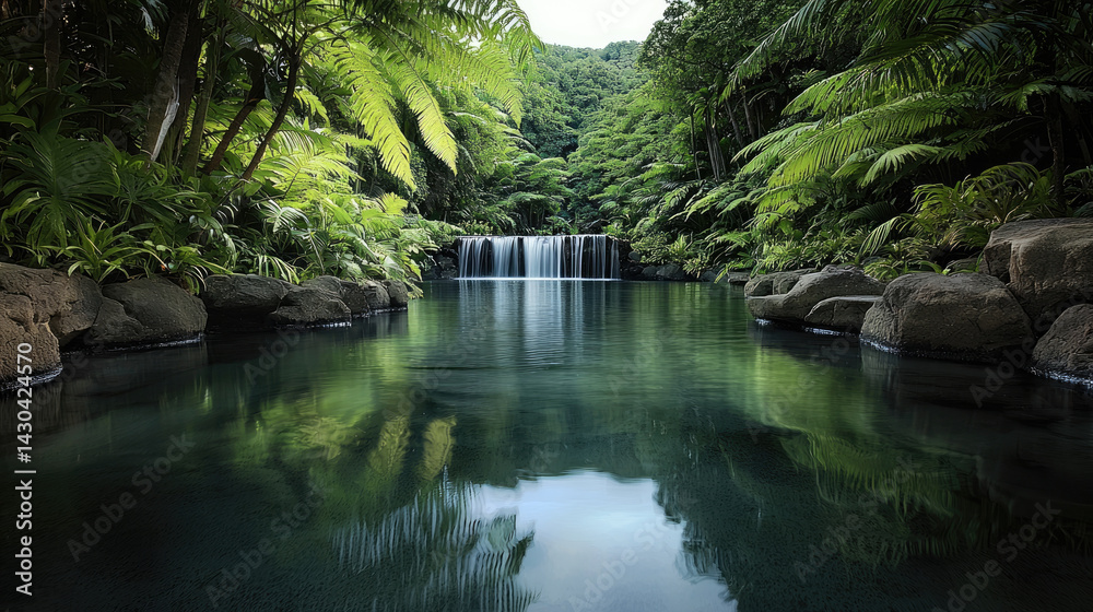 Aufkleber serene tropical garden featuring tranquil waterfall cascading into still pool, surrounded by lush gr
