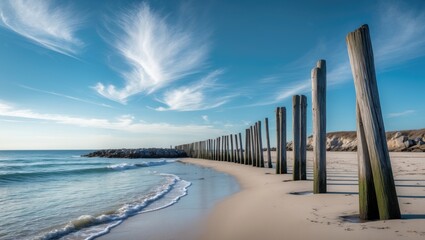 Obraz premium A peaceful seaside scene with a sandy beach, weathered wooden groynes reaching into calm waves under a bright blue sky with wispy clouds.