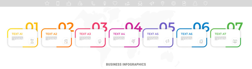 Modern vector flat illustration. Infographic numbers template with 7 rectangles, elements, icons. Timeline designed for business, presentations, web design, interface, diagrams with seven steps