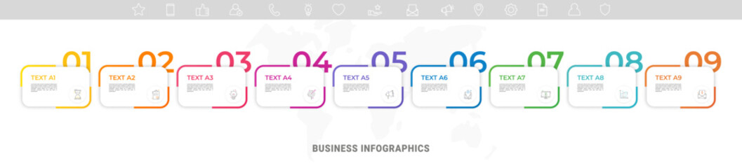 Modern vector flat illustration. Infographic numbers template with nine rectangles, elements, icons. Timeline designed for business, presentations, web design, interface, diagrams with 9 steps