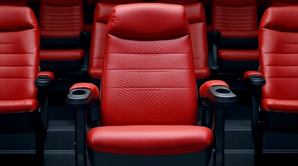 Rows of red, leather seats in a theater with black armrests, inviting viewers