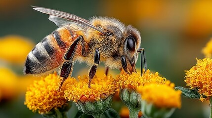 Bee Collecting Nectar From Yellow Flower in Macro Shot