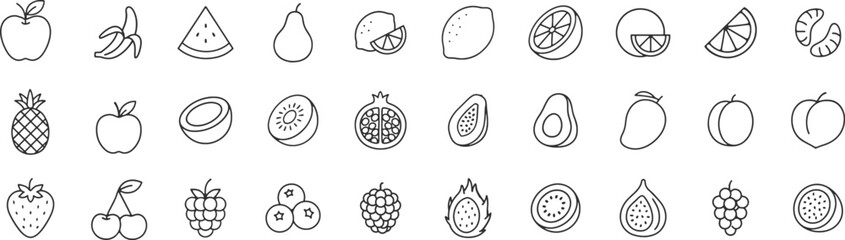 Fruits line icon set. Vector pictograms of banana, orange, strawberry, grapes, pineapple, mango, blueberry, raspberry, lime, kiwi, papaya, pomegranate, coconut, thin linear illustration.