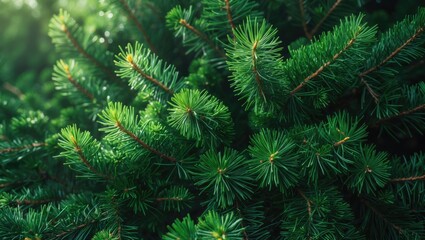 Green spruce branches with short needles as a natural textured background for festive or seasonal designs