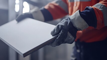 Worker in Safety Gear Holding a Sheet of Material