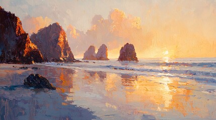 Obraz premium Beach, sunset, rocks, reflections on the water