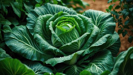 Lush green cabbage plants thriving on hillside slopes in a natural agricultural setting