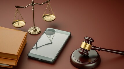 Scales of justice beside books, a phone, and a gavel on a rich, dark red, legal themed background