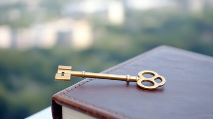 A golden key resting on a leather journal with a blurred urban landscape in the distance, symbolizing unlocking new opportunities