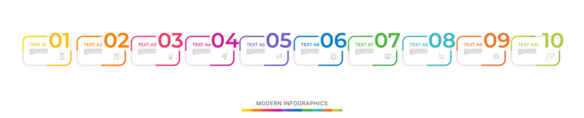 Modern vector flat illustration. Infographic numbers template with ten rectangles, elements, icons. Timeline designed for business, presentations, web design, interface, diagrams with 10 steps