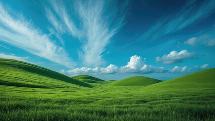 Fototapeta premium Lush green meadow on gentle hills beneath a bright blue sky with clouds