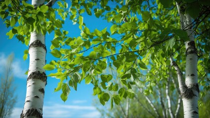 Fototapeta premium Bright blue sky behind lush green foliage on tall birch trees in a sunny park