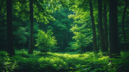 Obraz premium Summer Landscape of Green Forest with Sunlight and Trees
