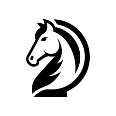 Elegant black and white horse head logo design. This stylized, black and white vector graphic shows a horse's head in profile view.
