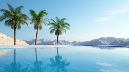 Serene view of a tranquil pool surrounded by palm trees and mountains.