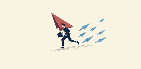 Fototapeta premium In a contemporary art collage, the concept of business, progress, achievement, and development is conveyed through the image of a businessman confidently jumping on a red flying paper plane,