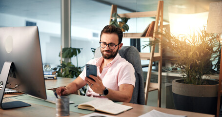 Computer, planning and phone with business man at desk for investment or portfolio management....