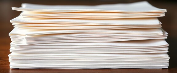 Neatly stacked white paper napkins, square folds, crisp edges, household, texture