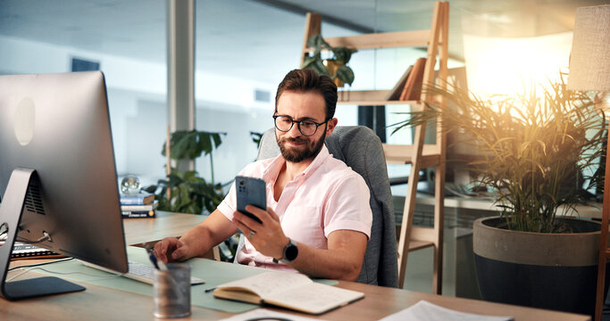 Computer, planning and phone with business man at desk for investment or portfolio management. Agenda, communication and finance with happy stock market broker in workplace for strategy development