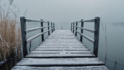 Fototapeta premium Winter scene of a gray wooden pier blanketed with snow along Lake Ladoga's peaceful coast, perspective shot