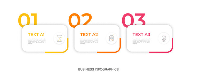 Modern vector flat illustration. Infographic numbers template with three rectangles, elements, icons. Timeline designed for business, presentations, web design, interface, diagrams with 3 steps