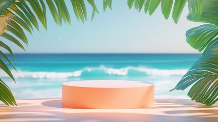Light peach-colored podium gently placed under the shade of tropical leaves with vibrant blue ocean waves rolling in the distance: A bright and cheerful summer setting.
