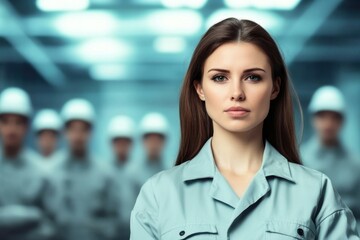 Fototapeta premium Confident woman leading a team of engineers in a modern industrial setting