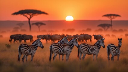 Zebras and antelopes in the savannah at sunset. Wild nature.