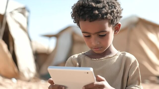 Child learning math on solar-powered AI tablet in desert camp