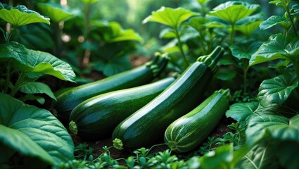 Zucchini bush with flowers and green vegetable marrow